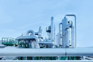 Industrial facility with large metal pipes, ducts, and storage tanks set against a clear blue sky, showcasing advanced industrial solutions for diverse business sectors.